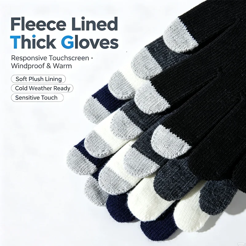 1/2/3Pairs Winter Warm Gloves Knitted Touchscreen Windproof Cold Weather Mittens Women Men Elastic Thicken Outdoor Working Glove