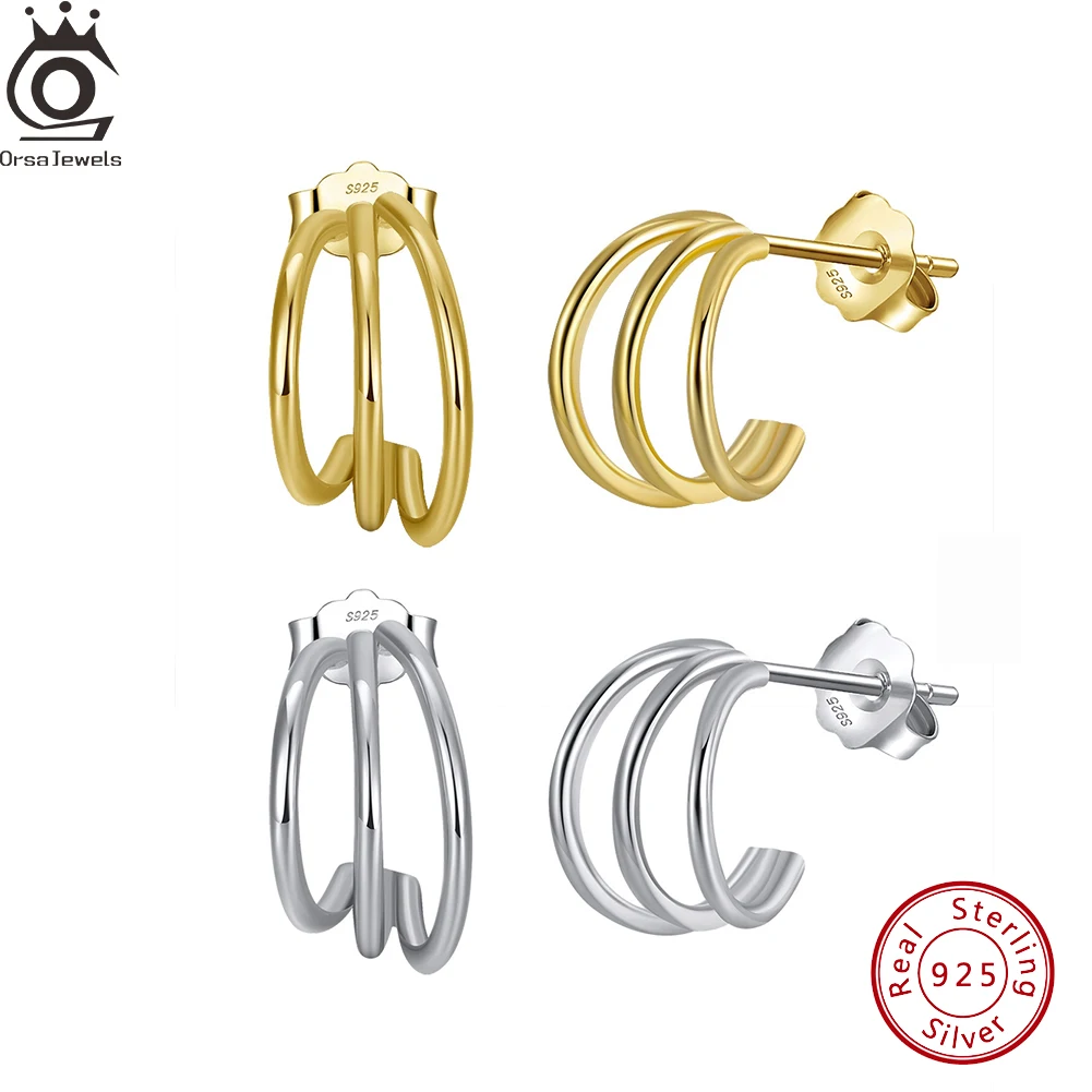 

ORSA JEWELS Multi Line Layer Ear Stud 925 Sterling Silver Trendy Stud Earrings For Women Girls Fashion Party Fine Jewelry APE46