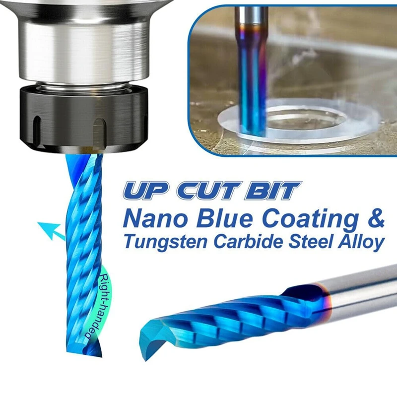 10Pcs Spiral End Mill 1/8 Inch Shank Blue Coating CNC Cut Router Bit Single Flute Milling Cutter 1 1.5 2 2.5Mm For Wood