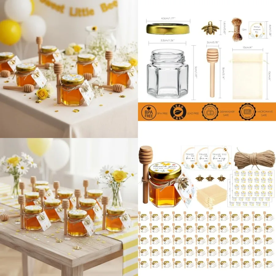 

Honey Pot, Mini Honey Jars with Wood Dipper, Gold Lid, Bee Pendants, Beige Gift Bags, Thanks for Beeing Here Tags, Mini Honey J