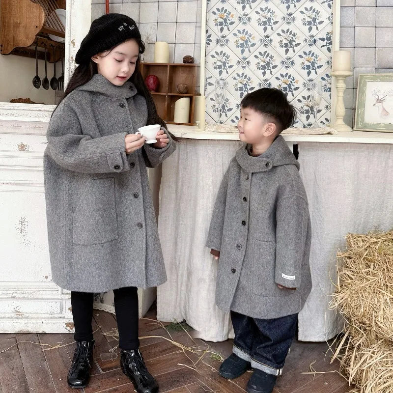 

Iins, двустороннее качественное пальто из 100% шерсти ручной работы для мальчиков и девочек, серая шерстяная куртка, детская эксклюзивная одежда