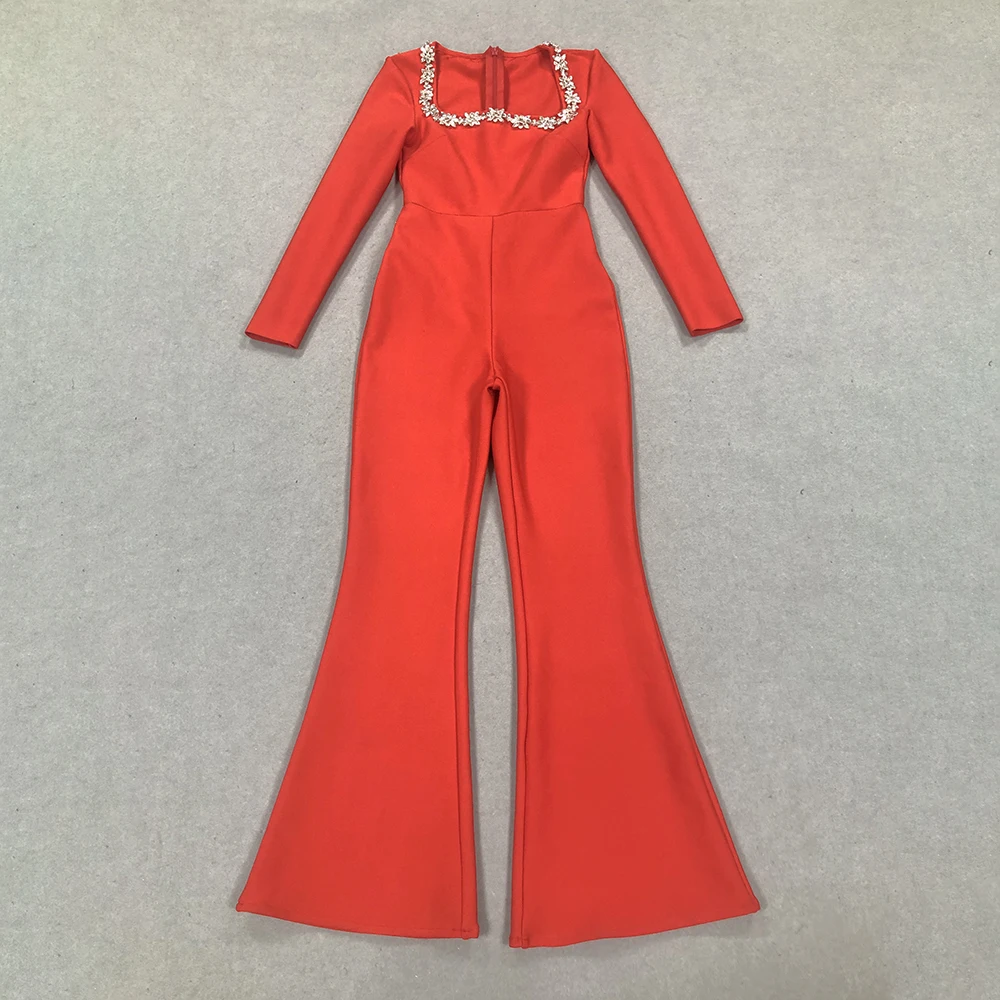 GORAFASHION Fashionable Rhinestones Diamond Hollow Red Color Bandage Jumpsuit Woman Lady Office Wear Jumpsuits For Women