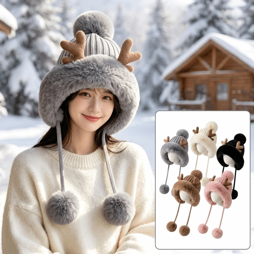 Cozy Thick Knit Trapper Hat Warm Insulation Pom-Pom Detail Knit Beanie Deer Antler Design Winter Hat Cold Weather
