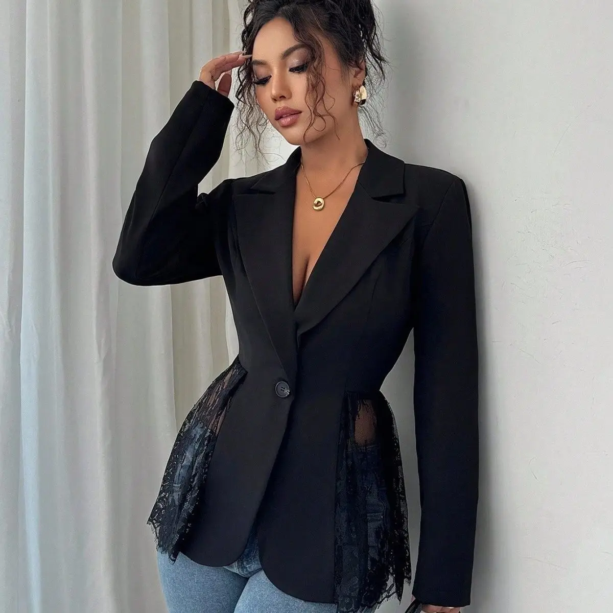 Color Block Lace Waist Slim Fit A-Line Women Blazer Spring Autumn Winter Fashion Elegant Office Lady Jacket