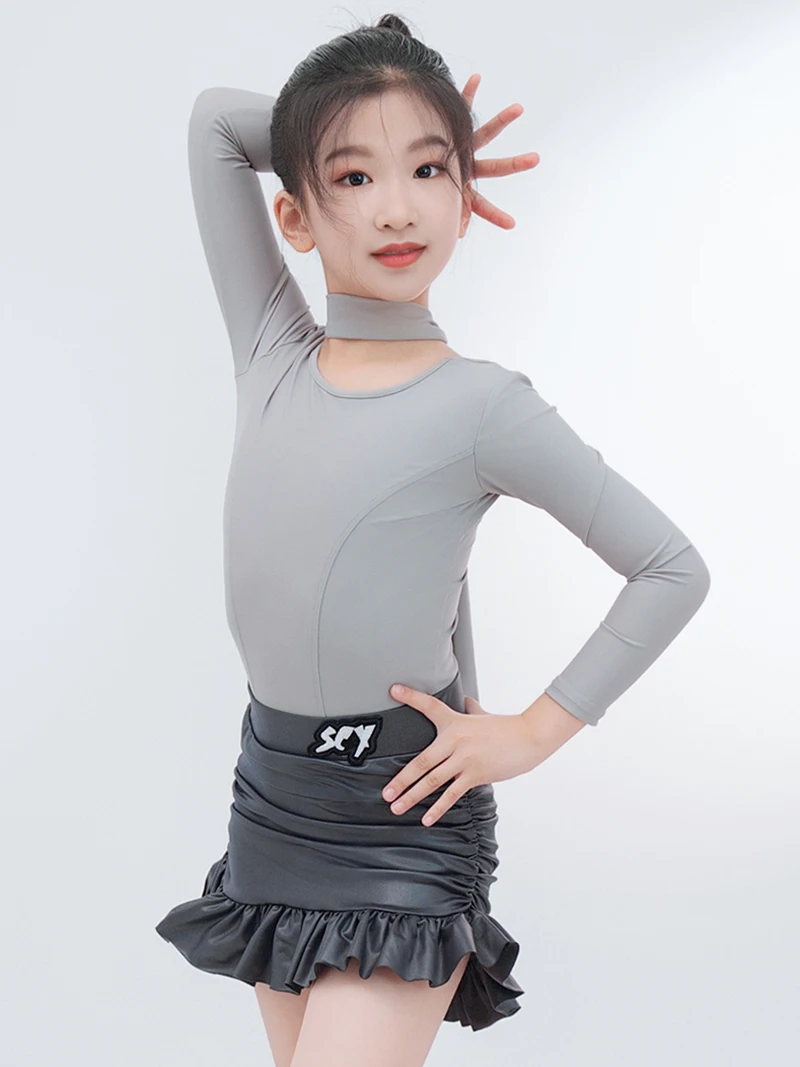 اللاتينية الرقص ارتداءها أعلى التنانير الدعاوى قاعة الرقص الاطفال الفتيات رمادي الكشكشة رومبا Dancewear التدريب تشاتشا أزياء مسرحية #2