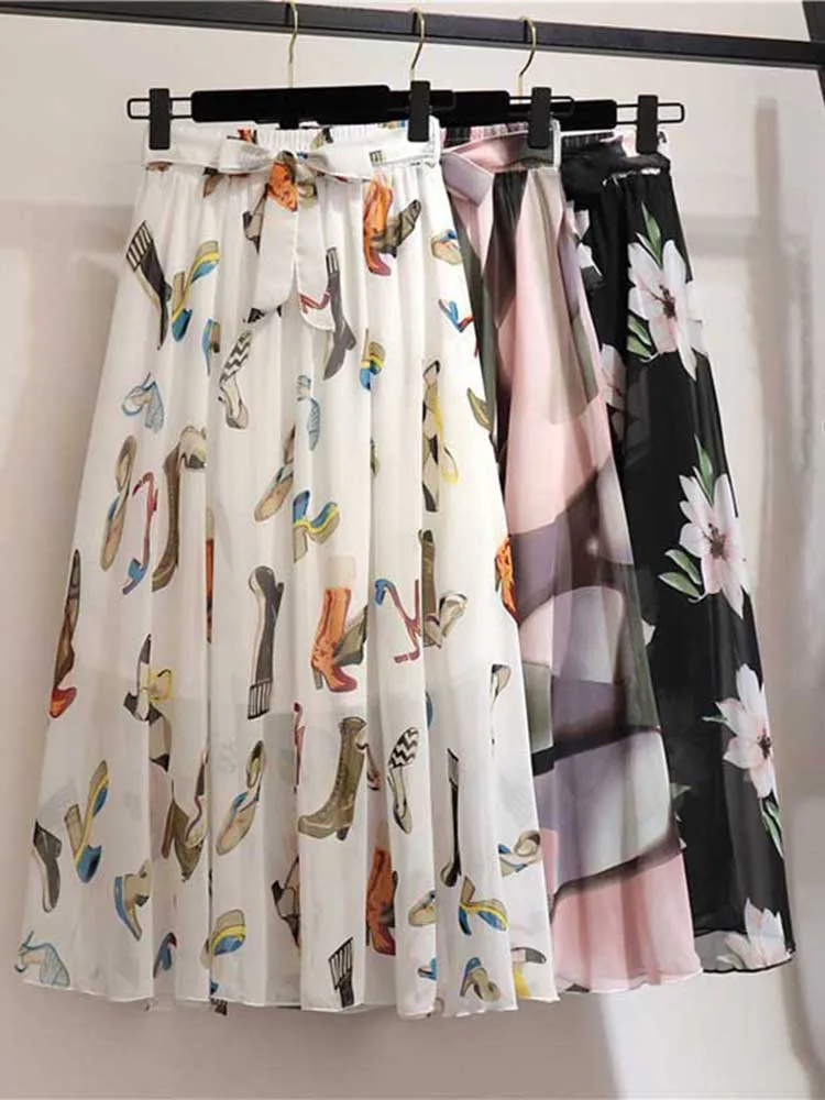 Long Skirt Women For Spring Summer Lady Korean Style White Black Chiffon Sun School High Waist Midi Skirt Female