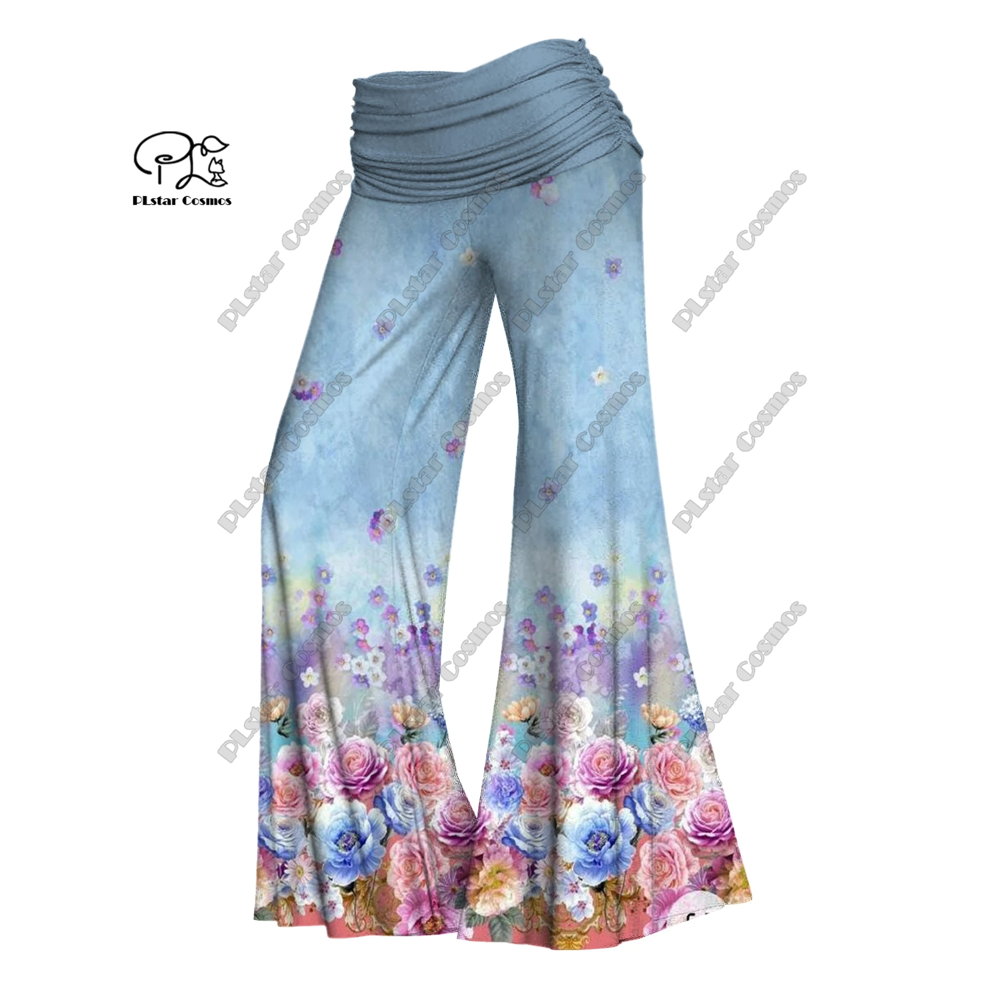 PLstar Cosmos 3D printed women's colorful small floral wide-leg pants waistband folding elastic waist pants casual H-5