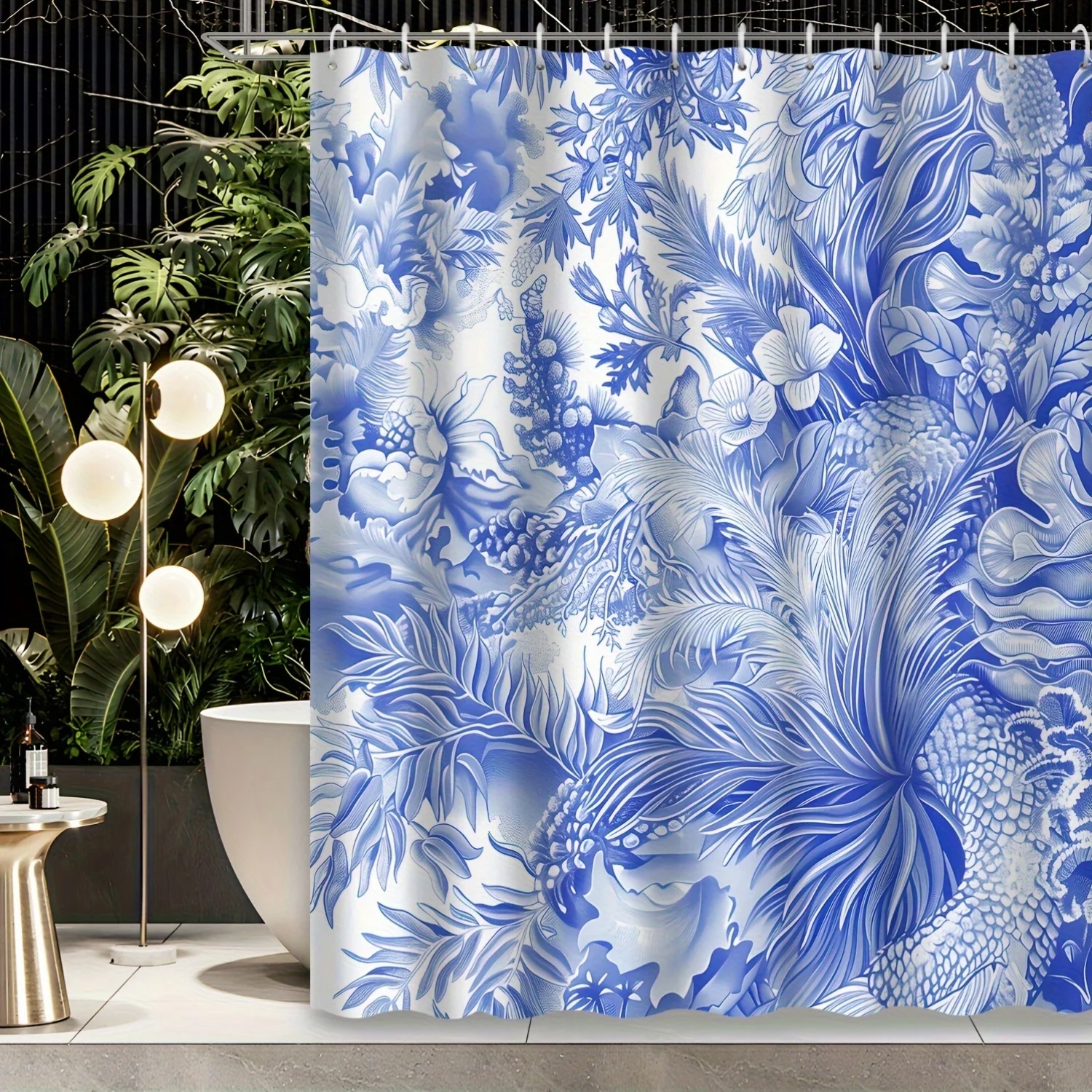 

1 шт. синяя ретро тема тропические лесные растения деревья декоративная занавеска для душа, 12 крючков занавеска для душа, украшение для ванной комнаты