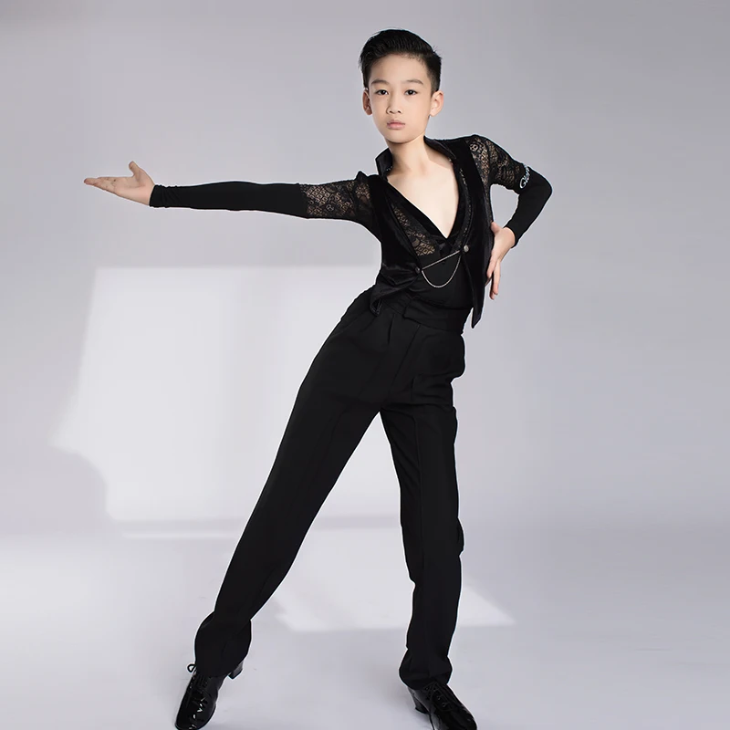 Boys Latin Dance Competition Costume Black Long Sleeve Velvet Lace Tops Pants Ballroom Tango Dance Performance Clothes DL10860