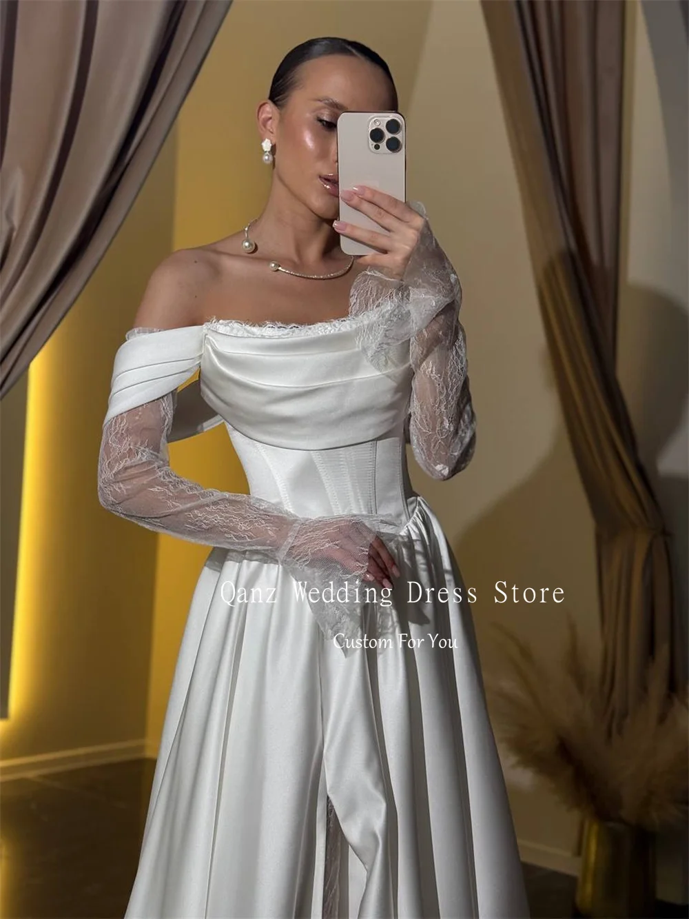 

Qanz Elegant Off Shoulder Wedding Dresses Long A Line Lace Detachable Sleeves Bridal Gowns Corset Robes De Soirée Customized