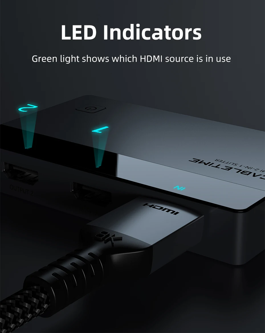 CABLETIME HDMI Splitter 1 IN 2 4K 60Hz LED Licht Bildschirm Splitter für HDTV Computer Monitor Schalter PS5 Xiaomi MacBook Laptop – Detail 10