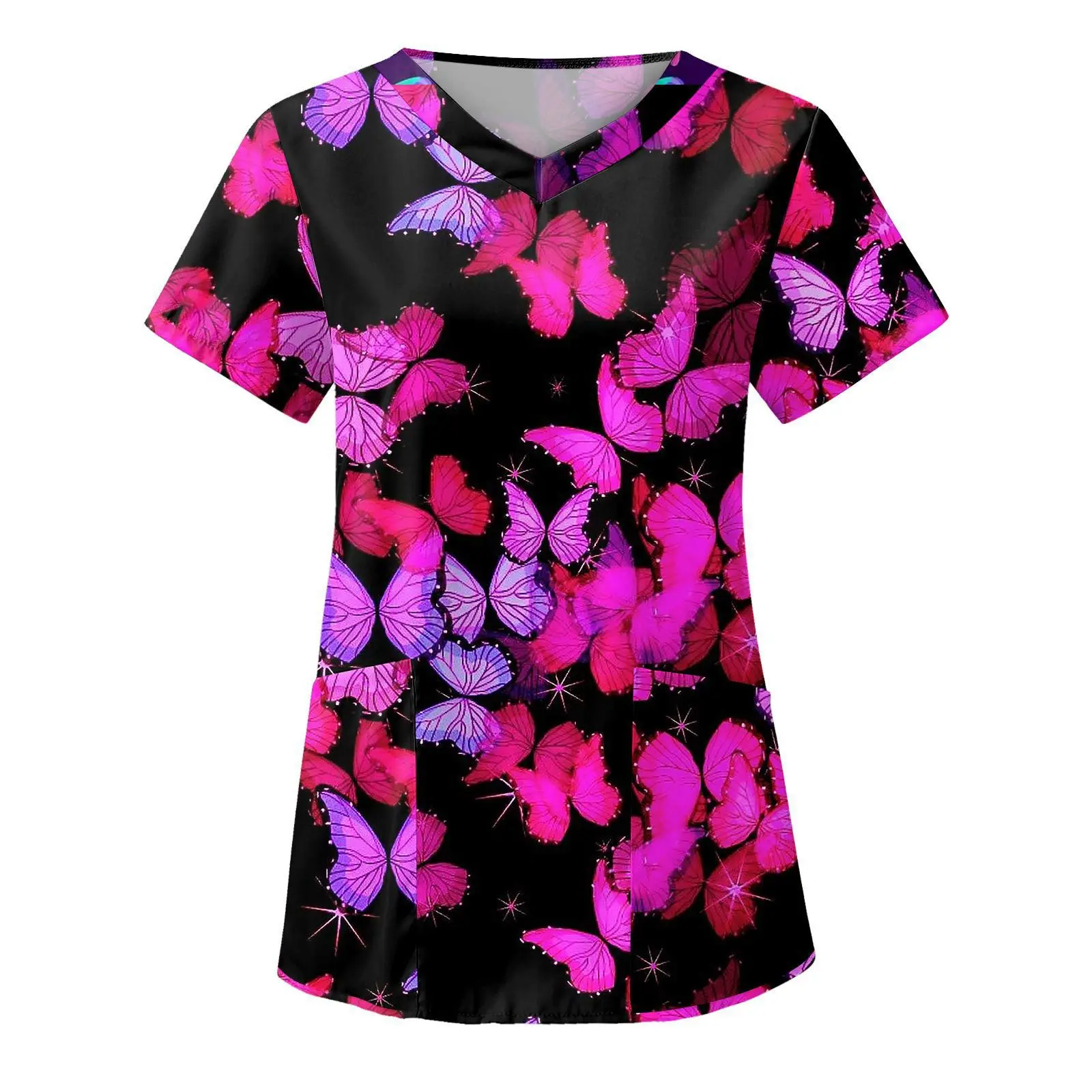 2024 Summer New Women's Protective Clothing Dreamy Butterfly 3D Printed V-neck Pocket Short sleeved T-shirt Women's Nurse Unifor