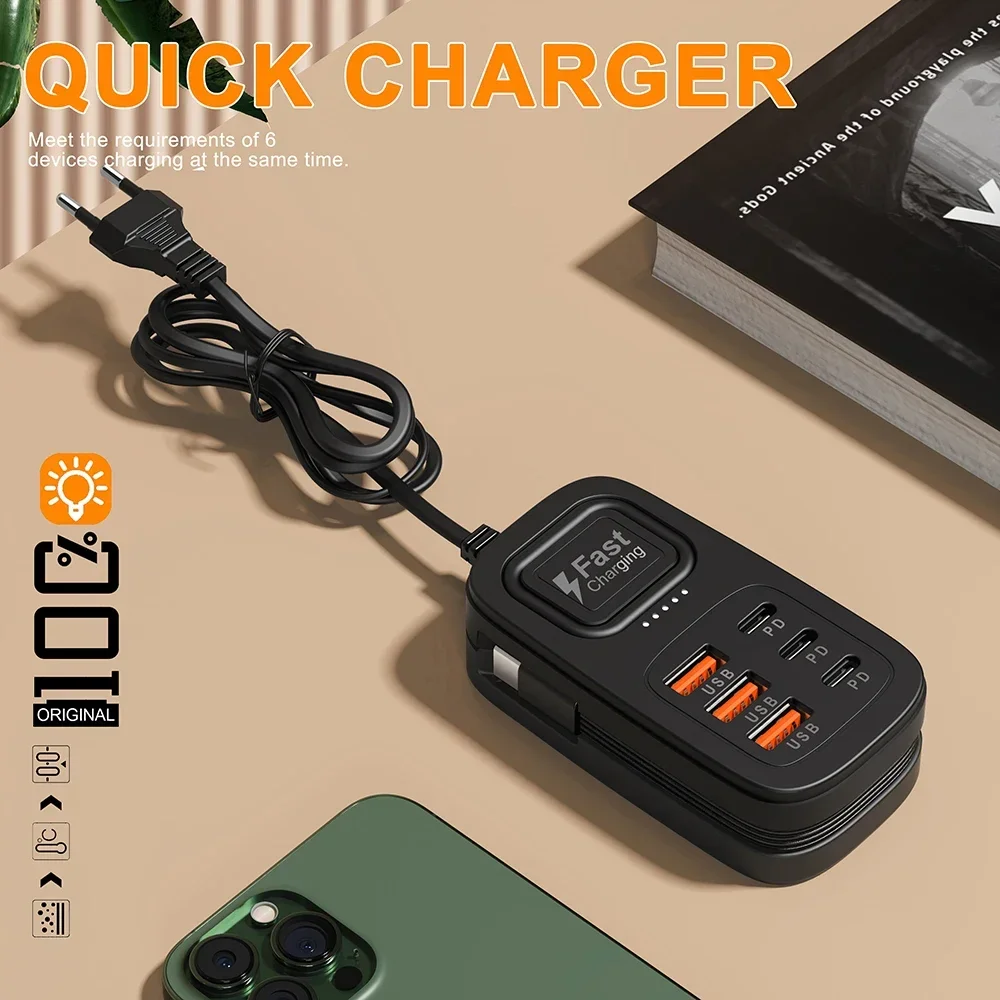 6-in-1-Desktop-USB-Ladestation, Typ-C-Schnellladegerät, Telefonladegerät, Mehrfachsteckdosenleiste für iPhone, Samsung, Xiaomi, EU/US/UK-Stecker – Detail 3