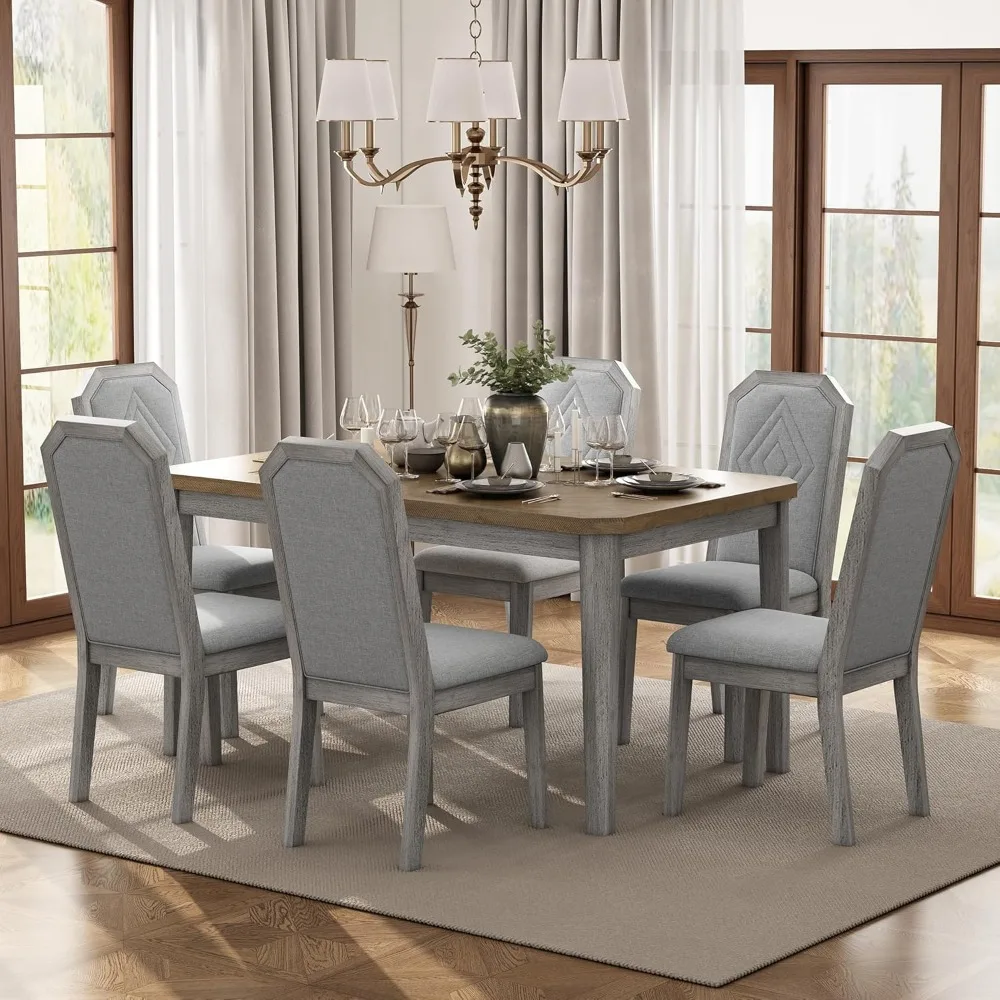 

7 Pieces Dining Table Set, Farmhouse Wooden Rectangular Rustic Table with 6 High-Back Tufted Chairs, Kitchen Dining Room Table