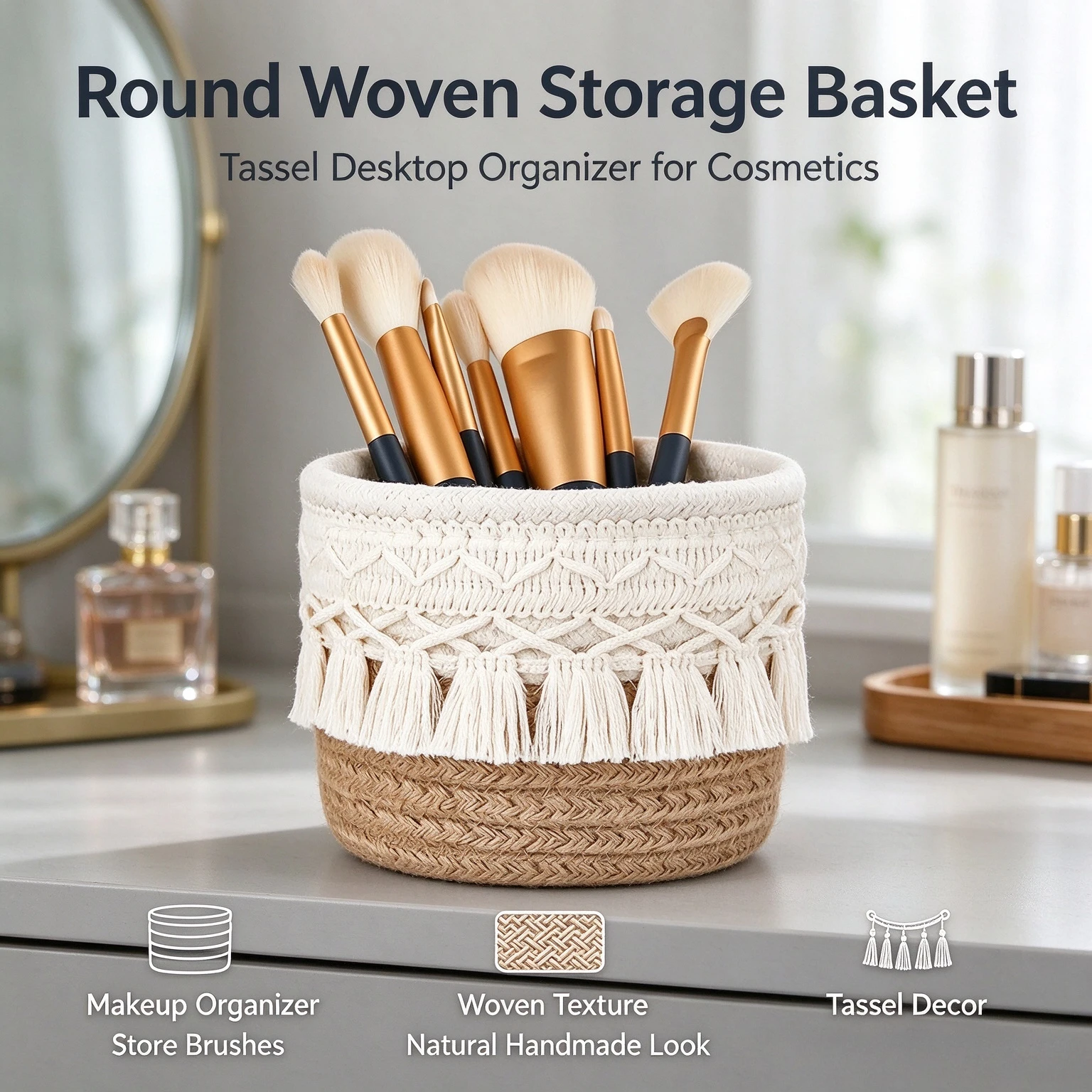 Round Woven Storage Basket With Tassel Desktop Organizer for Cosmetics Makeup Brushes Home Table Decor Container