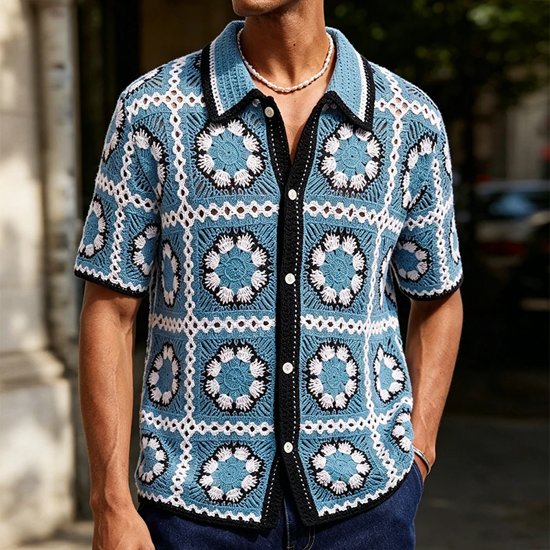 Seaside Beach Casual Button Lapel Knit Shirt Men Vintage Hollow Out Short Sleeve Knitted Tops Mens Stylish Floral Knitting Shirt