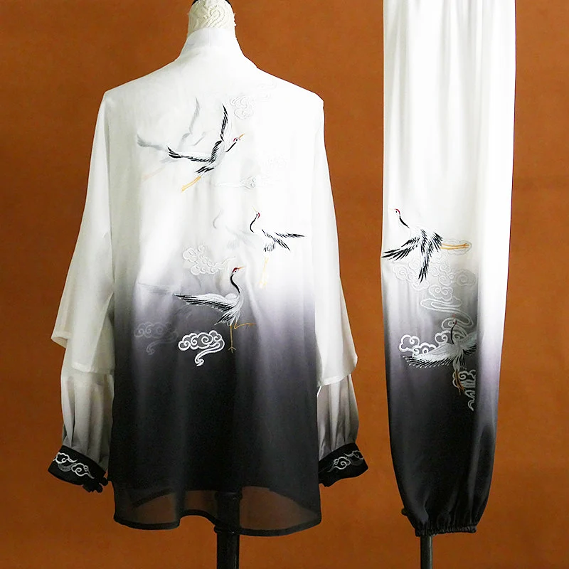 Embroidered Crane Tai Chi Suit Team Competition Martial Arts Performance Wear Sheer Cape Men Women 3 Piece Set Design