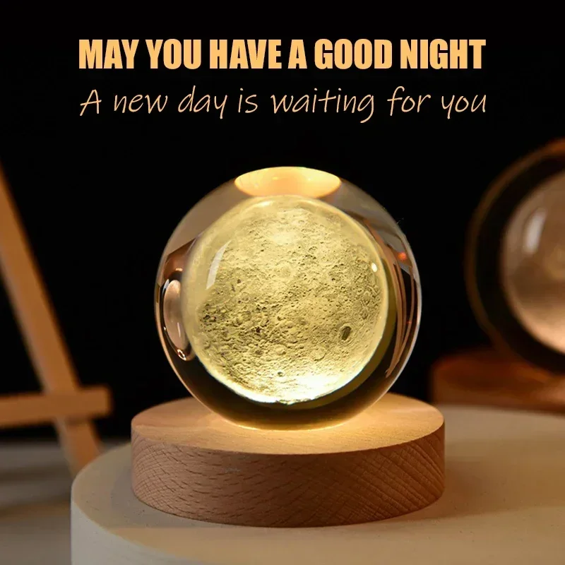 3D Carved Galaxy Crystal Ball Night Light With Illuminated Solid Wood Base Tabletop Ornament Home Decor Holiday Gift