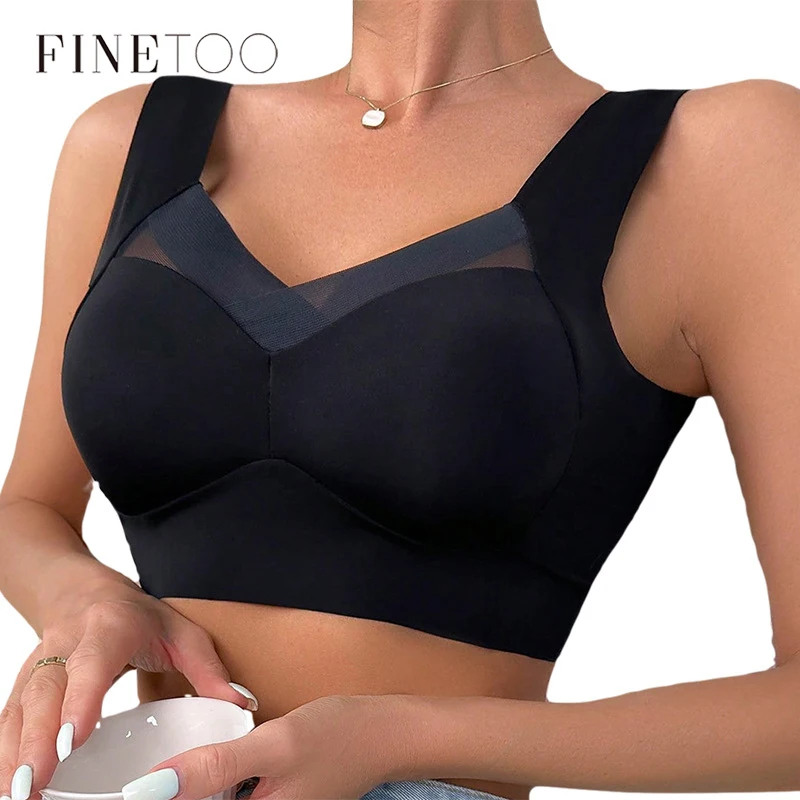 FINETOO Sexy Seamless Plus Size Bra Women Patchwork Lace Push Up Sports Brassiere Female Backless Thin Invisible Lingerie L-3XL