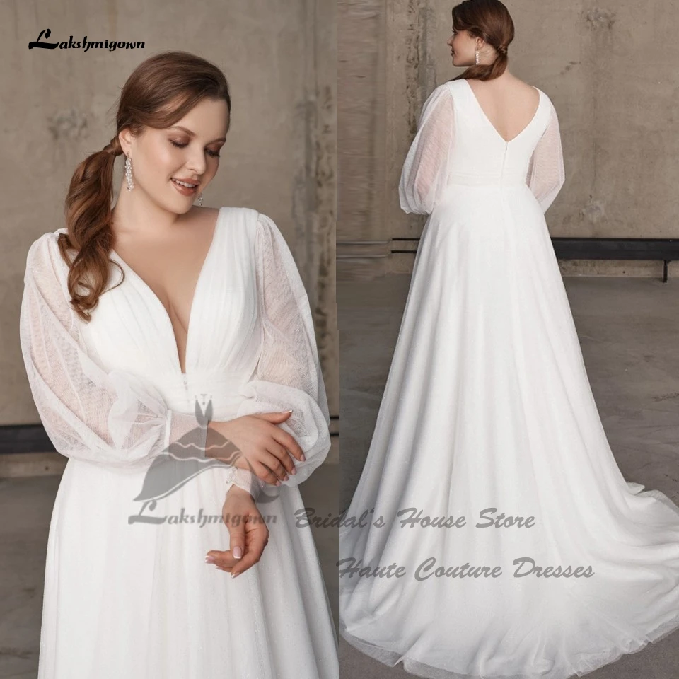 Yanshmigown-Robe de mariée de plage à manches longues pour femmes, grande taille, patients gonflés plongeants, ligne A, tulle, mariage, quoi que ce soit, 2023 Abito Sposa