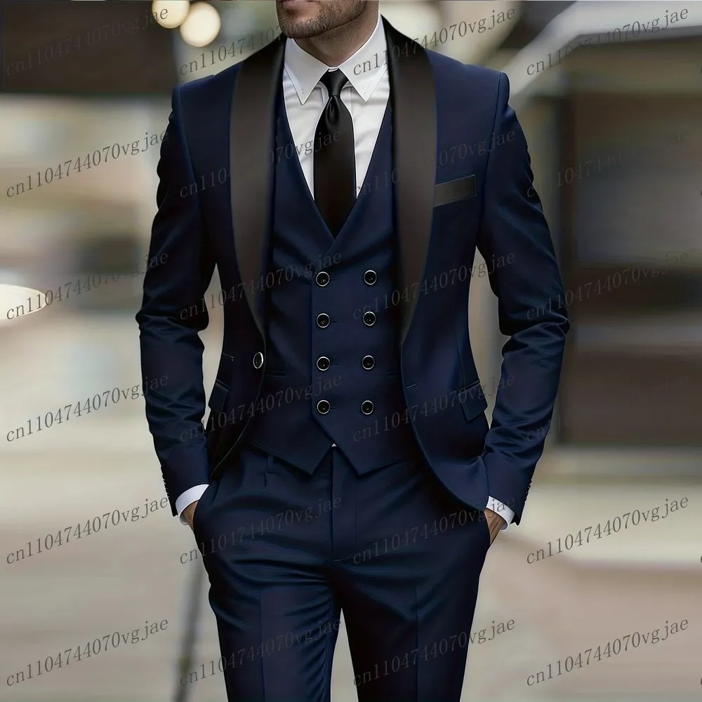 

Мужской костюм-тройка темно-синего цвета с черным воротником для свадьбы, вечеринки, жениха, шафера. Индивидуальный пошив. Пиджак, жилет, брюки.