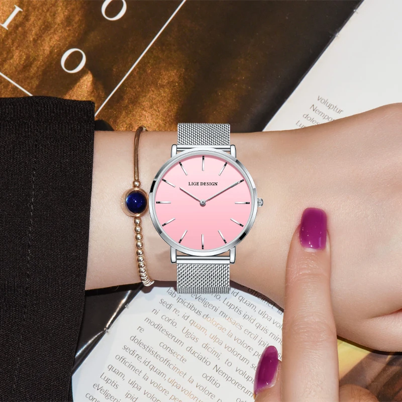 

LIGE модные элегантные кварцевые женские часы, роскошные простые повседневные спортивные сетчатые часы, водонепроницаемые женские наручные часы, браслет, женский подарок