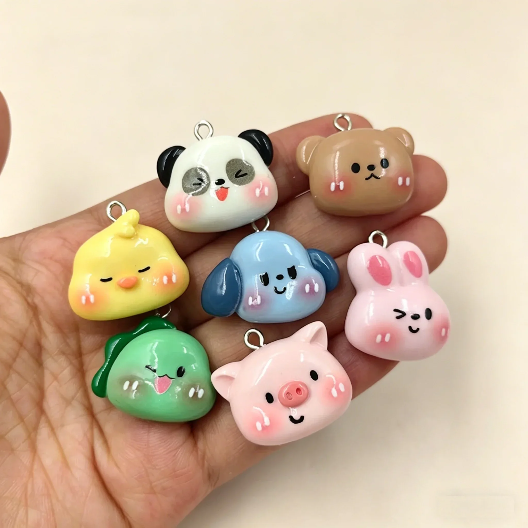 10Pcs Flatback Mixed Cartoon Cute Animal Head Charms Panda Pig Dino Rabbit Dog Resin Pendants Wholesale Jewelry Craft Parts