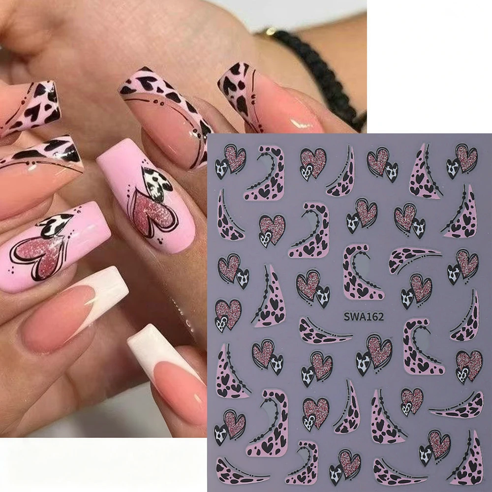 1 pz adesivi per unghie cuore amore stampa leopardo francese glitter rosa San Valentino cuore d'amore decalcomanie per unghie decorazione manicure cuore fai da te