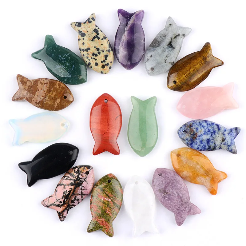 1pc Hand Carved Healing Crystals Fish Figurine Natural Stone Animal Statue Amethyst Pendant Home Decor DIY Hanging Ornament