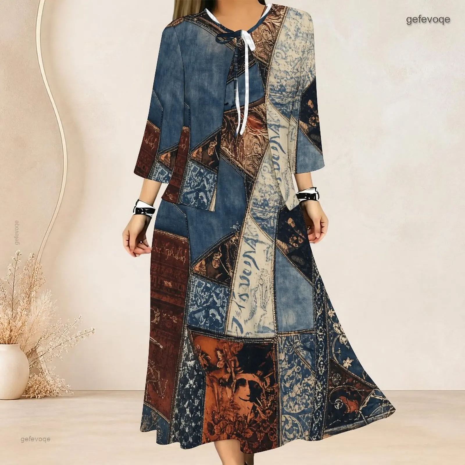 Women Patchwork Vintage Art Print 3/4 Sleeve Tie Neck 2 Piece Long Dress Set