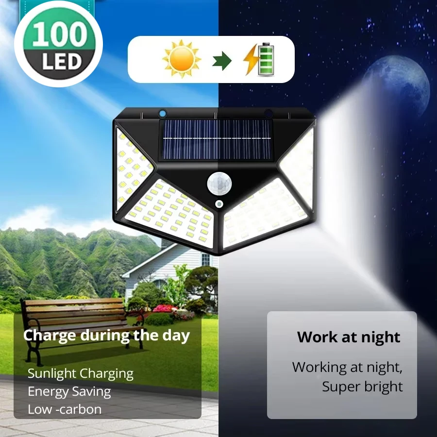 ضوء الشمس في الهواء الطلق 100 وحدة إضاءة LED جداريّة أضواء 4 الجانبين مضيئة PIR محس حركة ضوء الشمس بالطاقة ضوء الشارع حديقة فناء ديكور