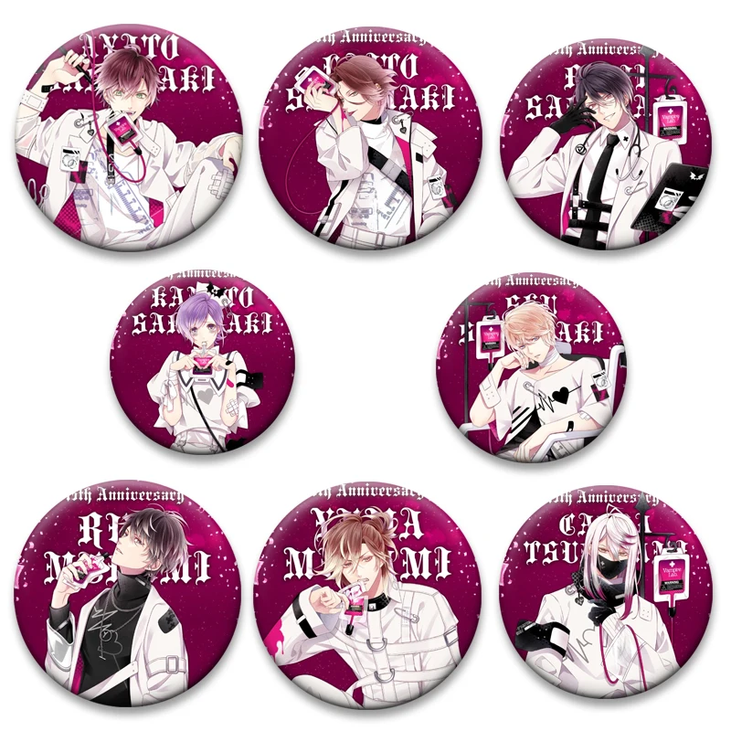 Broche redondo de anime DIABOLIK LOVERS Emblema Komori Yui Sakamaki Reiji Sakamaki Shu Sakamaki Ayato Alfinetes de lapela de desenho animado Bolsa Acessórios