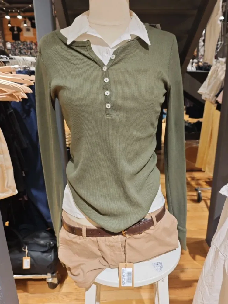 

Armygreen ребристые футболки с длинными рукавами женские осенние хлопковые повседневные лоскутные футболки с шестью пуговицами тонкие футболки винтажные шикарные топы в консервативном стиле