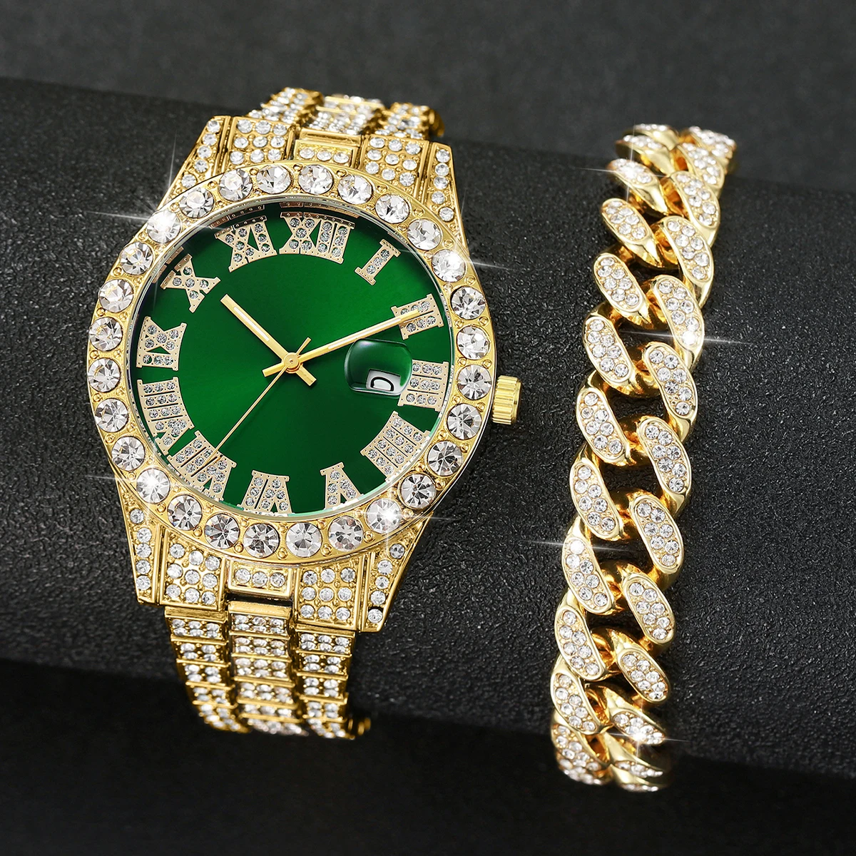 2PCS/Set Fashion Diamond Men Watch Roma Green Dial Steel Band Quartz Watches Rhinestone Bracelets Set