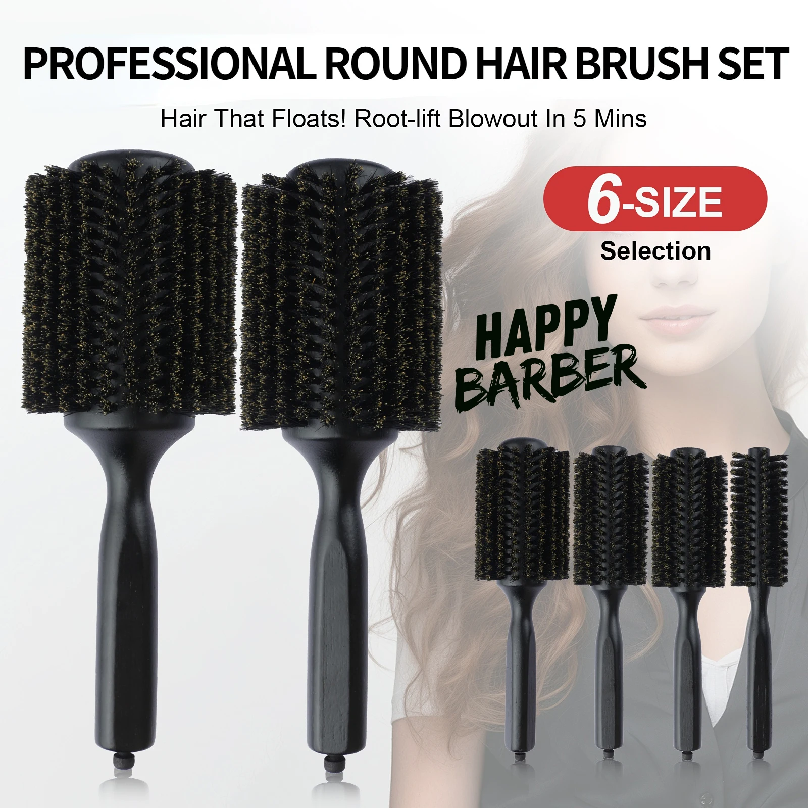 Escova de cabelo redonda com cerdas de javali, 6 tamanhos, pente de estilo de cabelo encaracolado, profissional, cauda removível, barbeiro, cabeleireiro, pente redondo de rolamento