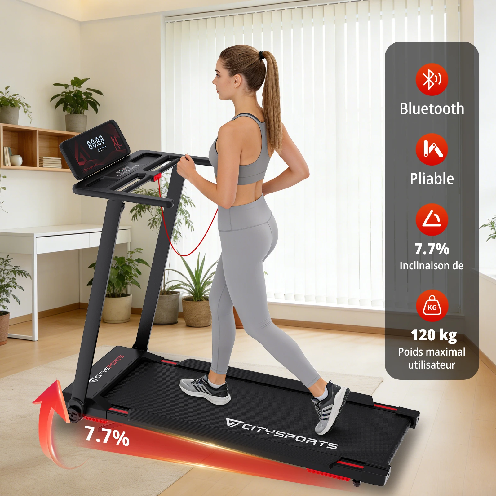 CITYSPORTS PRO Tapis de Course, Tapis de Marche, Treadmill, Walking Pad, Tapis de Course Pliable, Tapis roulant,Tapis Roulant Pliable,Tapis de Course Électrique, Inclinaison 7.7%, Bosch Motor, Bluetooth & APP, Charge 120KG, 8km/h