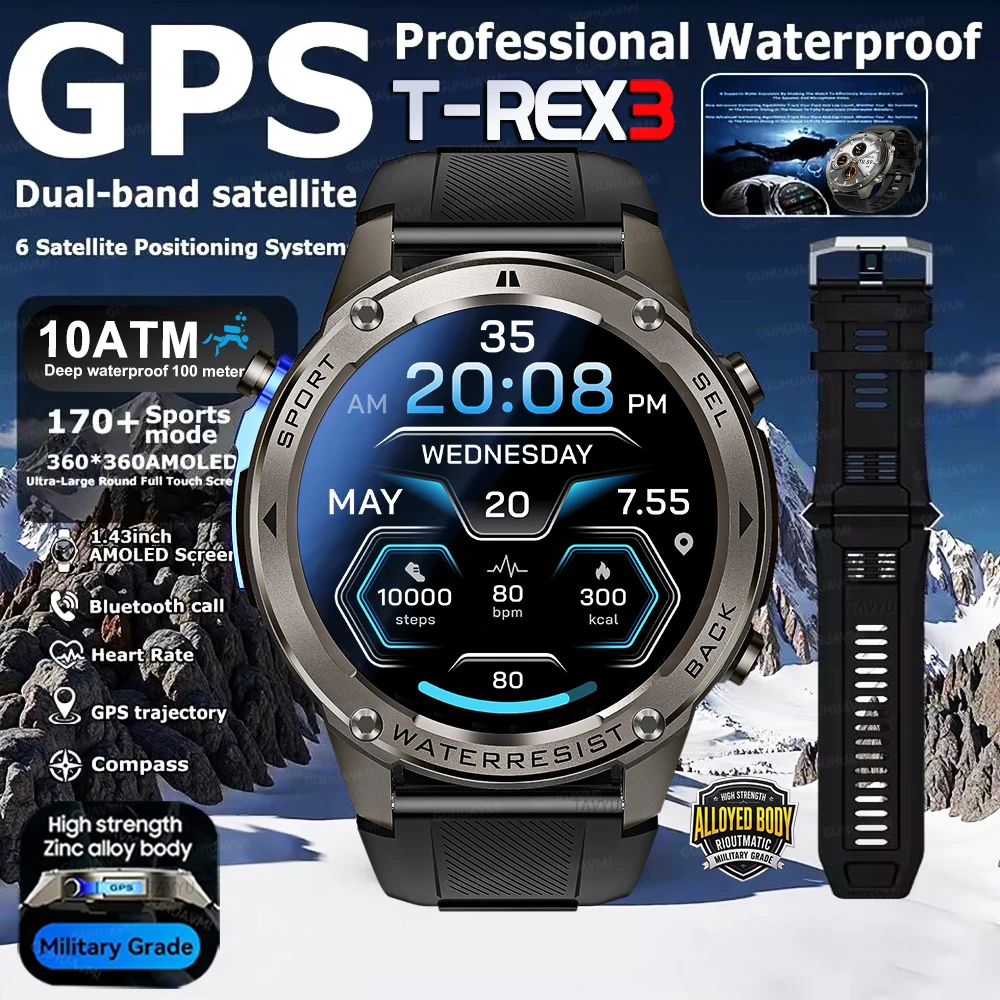 

2026New T-Rex3 Military quality GPS Smart Watch Swim 10ATM/IP69 Waterproof Dual-band GNSS Compass HD call Sport Smart Watche Men