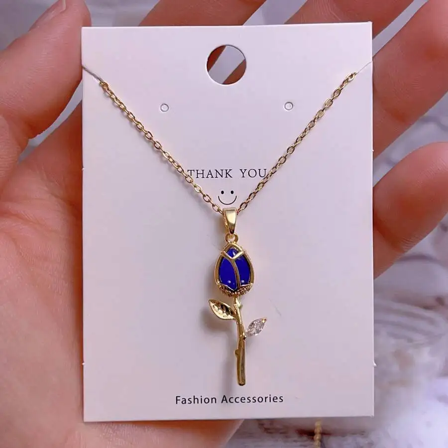 

Floral Tulip Pendant Necklace For Women With Blue Gemstone And Gold Plated Chain
