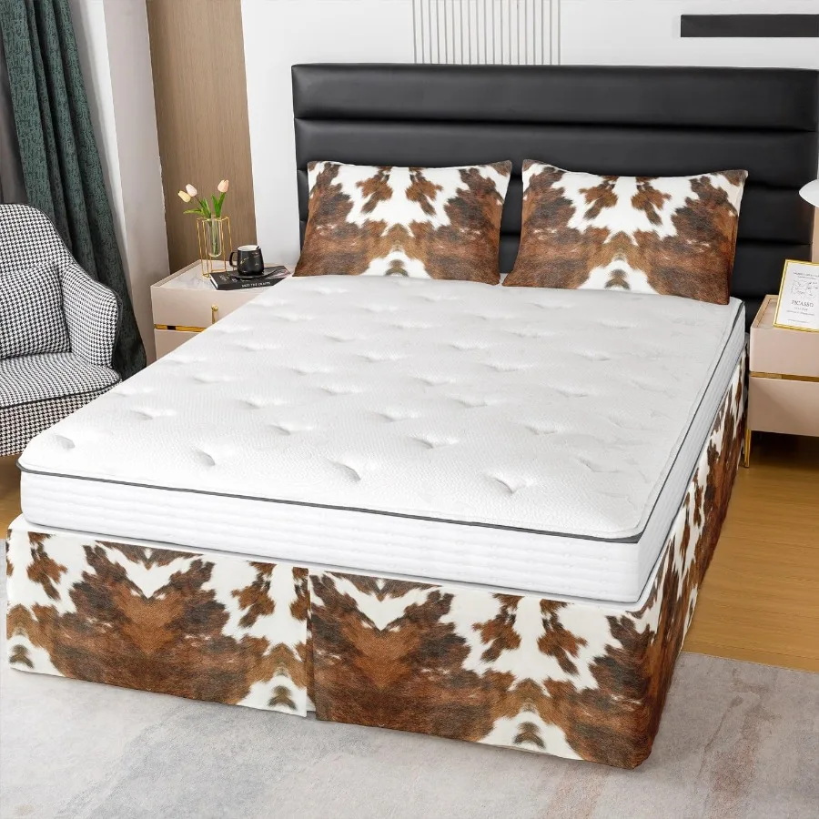 

Cow Print Bedskirt Queen Size 15 Inch Drop Animal Skin Pattern Microfiber Bed Skirt Cow Fur Pleated Bed Skirt Cowhide Print Dus