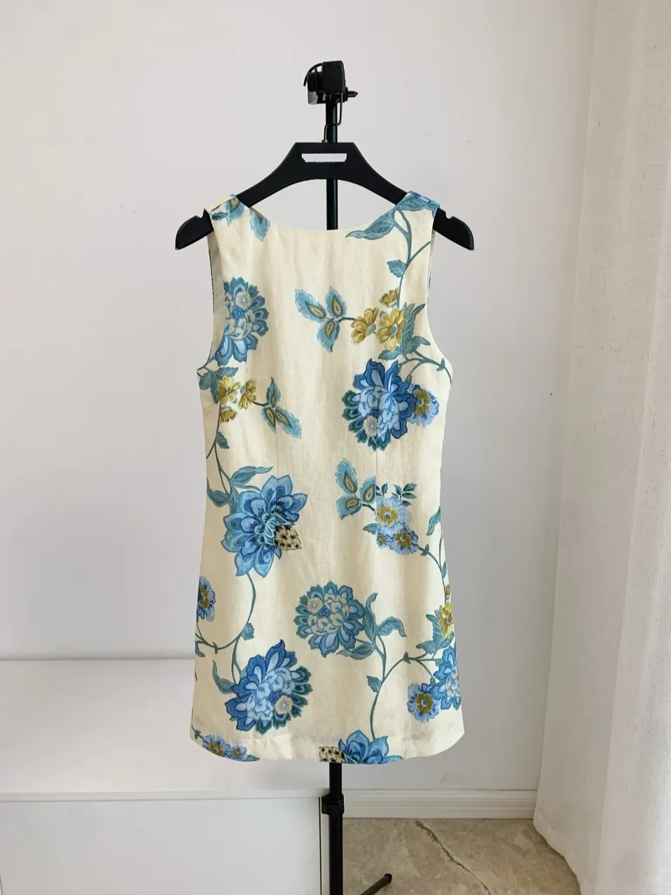 

Blue Floral Print Women 100% Linen Mini Dress Round Neck Sleeveless Casual Female Short Robe