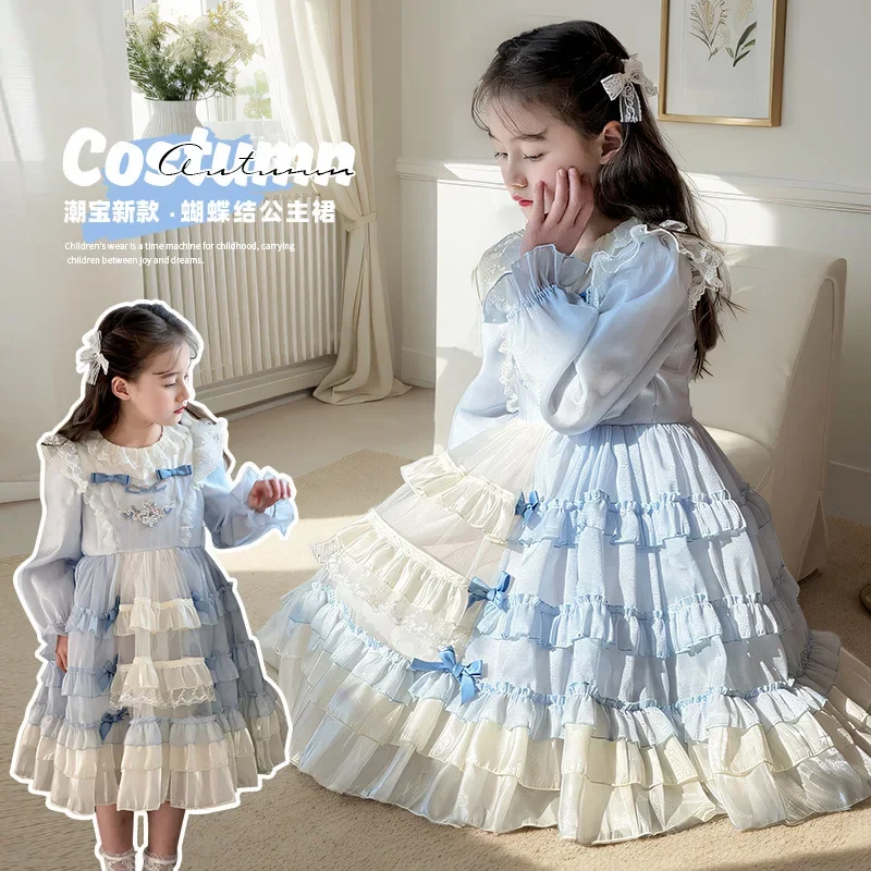 

Spanish Court Style Girls Lolita Princess Dress Lace Party Dress for Kids Bow Decoration Ruffled Tutu Skirt Princess Costume