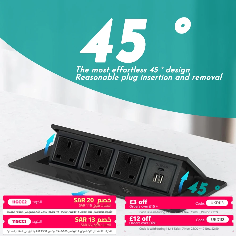 

FUNAYA Pop Up Socket Multi Universal UK with USB TYPE-C CAT6 HDMI Cable Multimedia Built-in Socket for Office Desktop Countertop