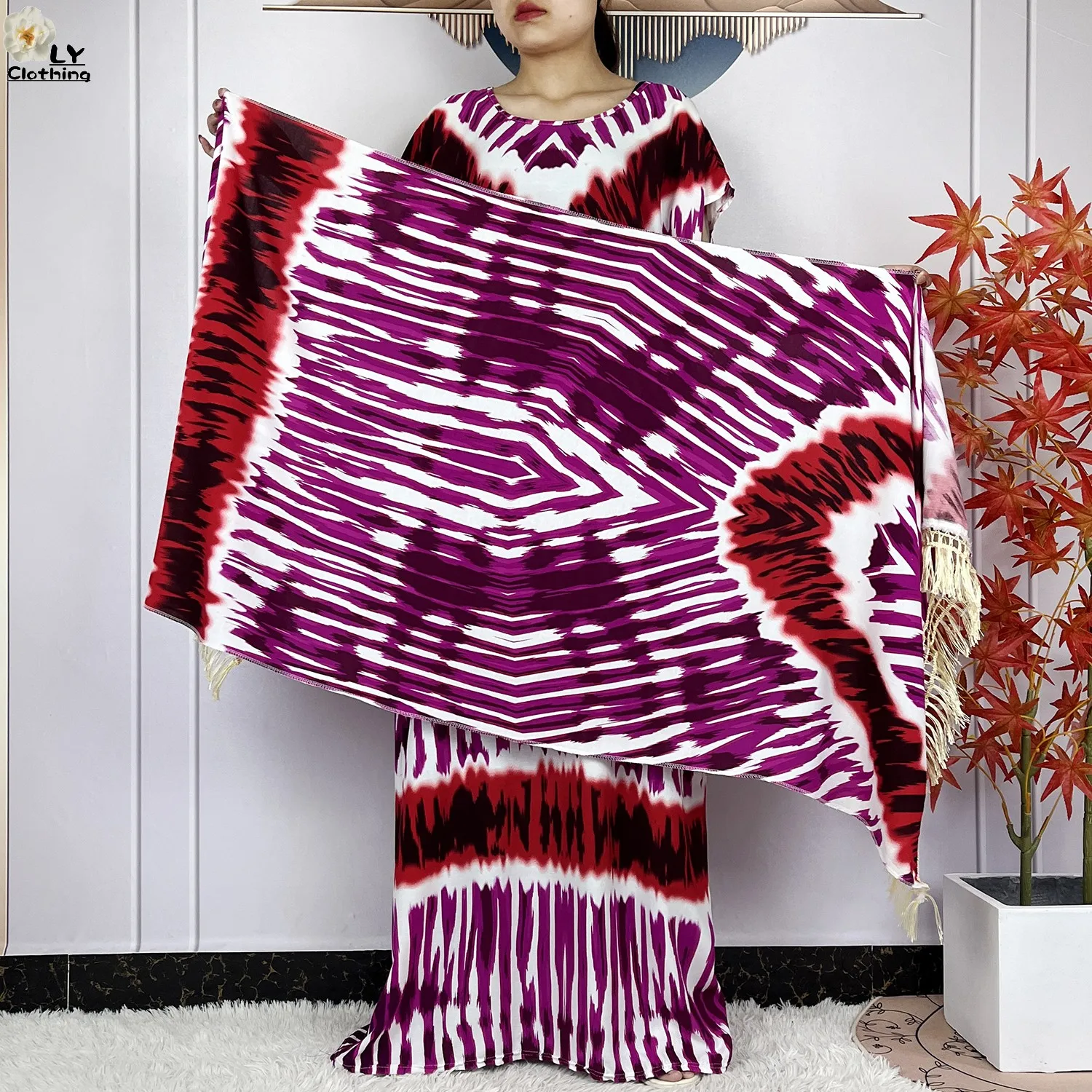 2024 New Style Short Sleeve African Dashiki Tie-dyed Cotton Abaya Caftan Lady Summer Maxi Islam Casual Dresses With Big Scarf