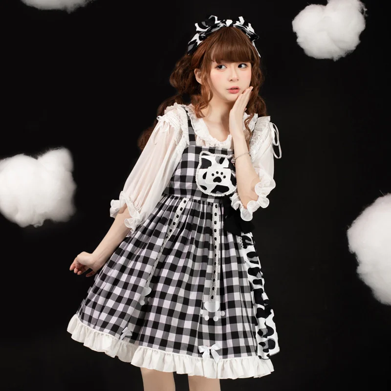 Cat Claw Planet Lolita Dress Lovely Suspender Jsk Skirt Cow Splicing Lolita Princess Skirt Goth Dresses Women Lolita