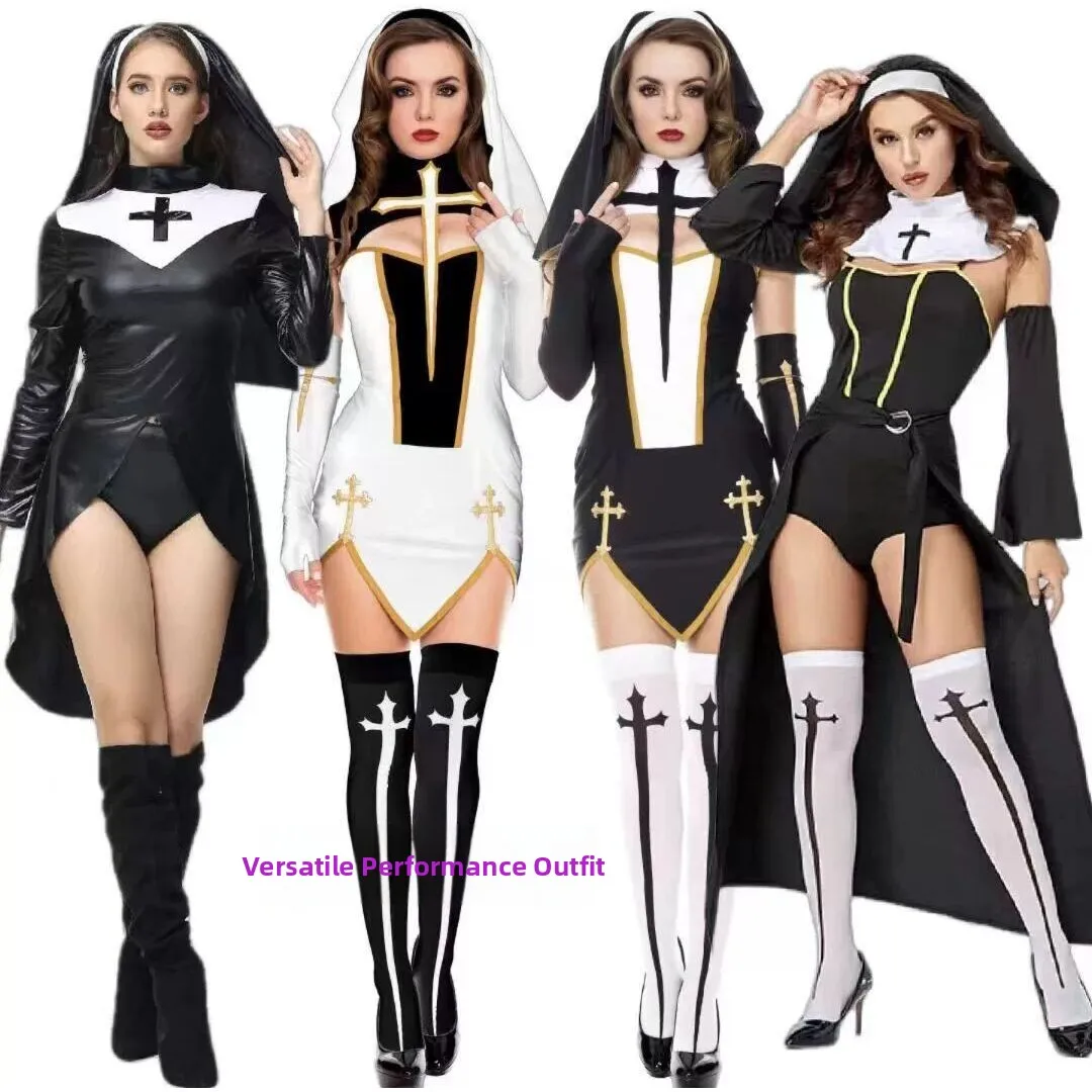 

Halloween Nun Costume Short Skirt Nun Socks Headscarf Performance Outfit Ladies' Ethnic Wear Stage Performance Clothing