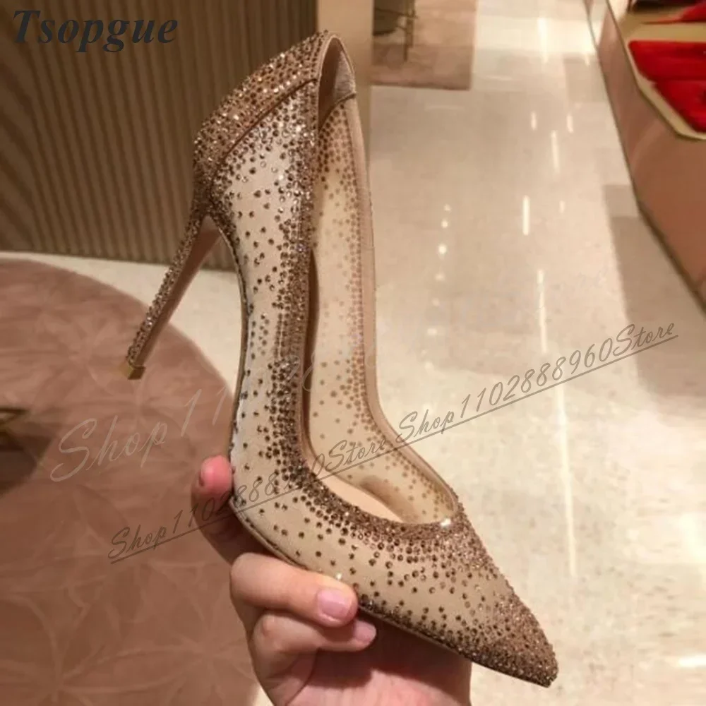 

Sparkling Full Crystals Shallow Splicing Pumps Stilettos High Heel Shoes For Women Slip On Pointed Toe Stylish Women Pumps