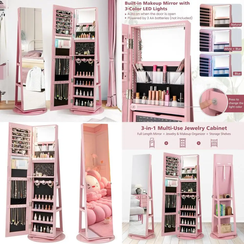 

Розовый запираемый поворотный шкаф для ювелирных изделий с зеркалом в полный рост, полками для хранения, внутренним туалетным столиком и 3-цветной подсветкой