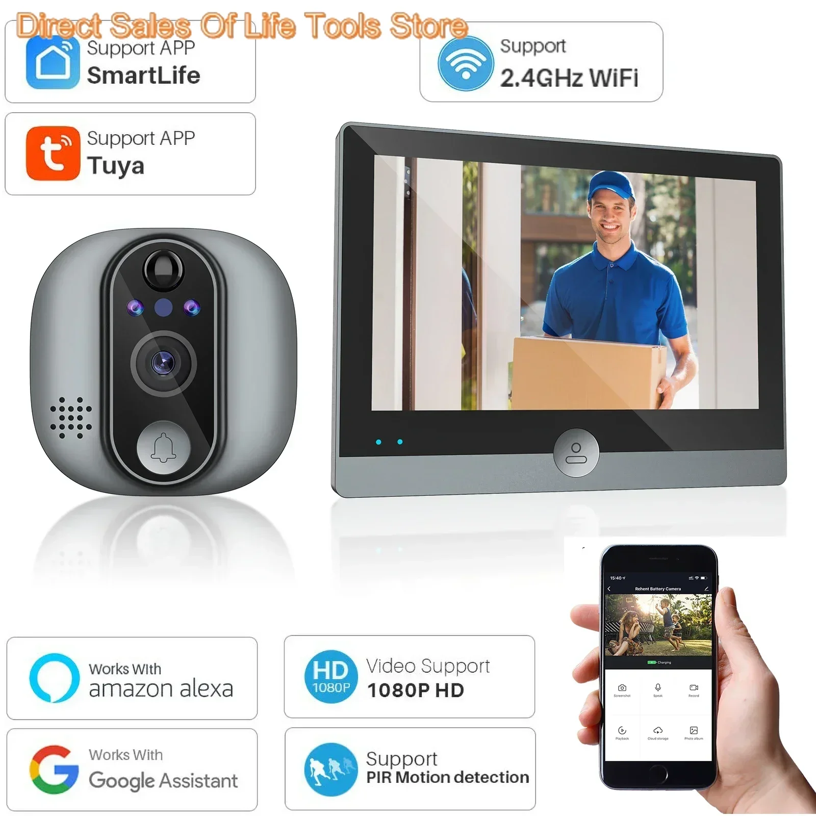 Tuya WiFi Doorbell Video IP Camera 1080P 4.3inch Display Screen Smart Life For Alexa Google Home Peephole Viewer Door Bell