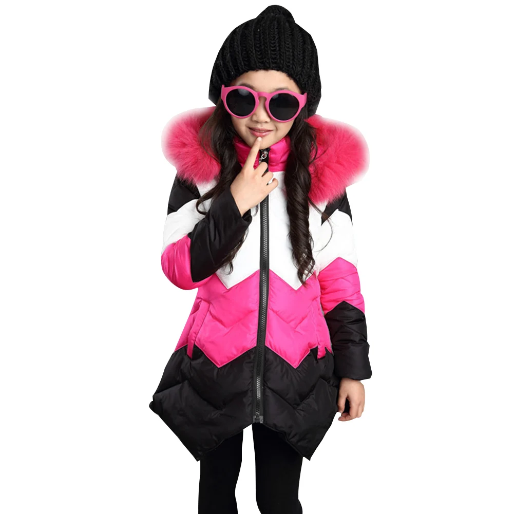 

Girls Cotton-Padded Coat Contrast Color with Hood Irregular Hem Quilted Coat Warm Kids Parka Outdoor Puffer Jacket for Winter