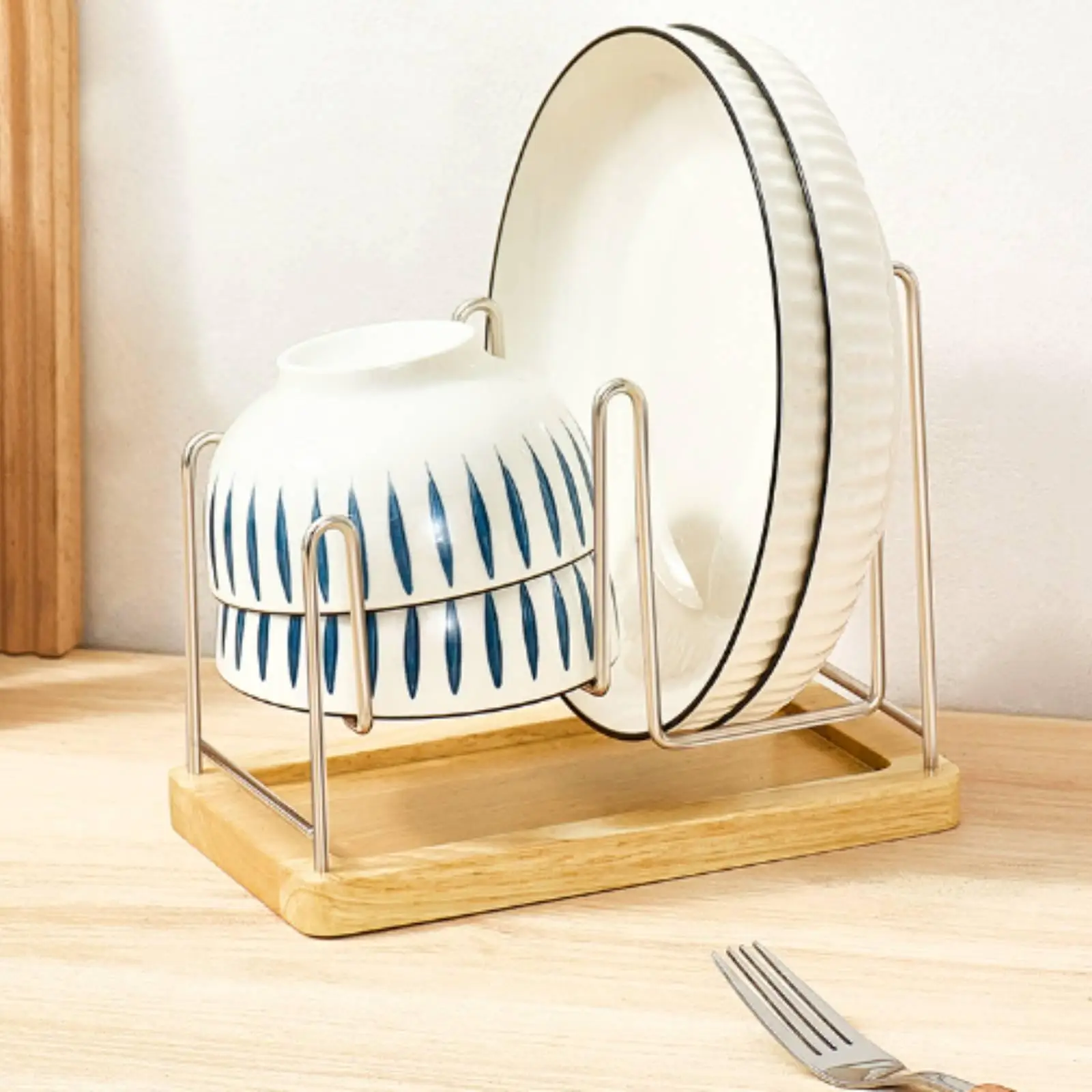 Kitchen Counter Dish Rack Organizer Wood Steel Construction Trapezoid Bowl Drying Stand for Small Apartment Storage